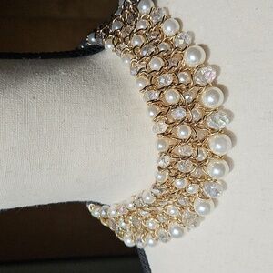 Vintage Faux Pearl Crystal Beads Gold Chain Mesh Choker Collar Necklace